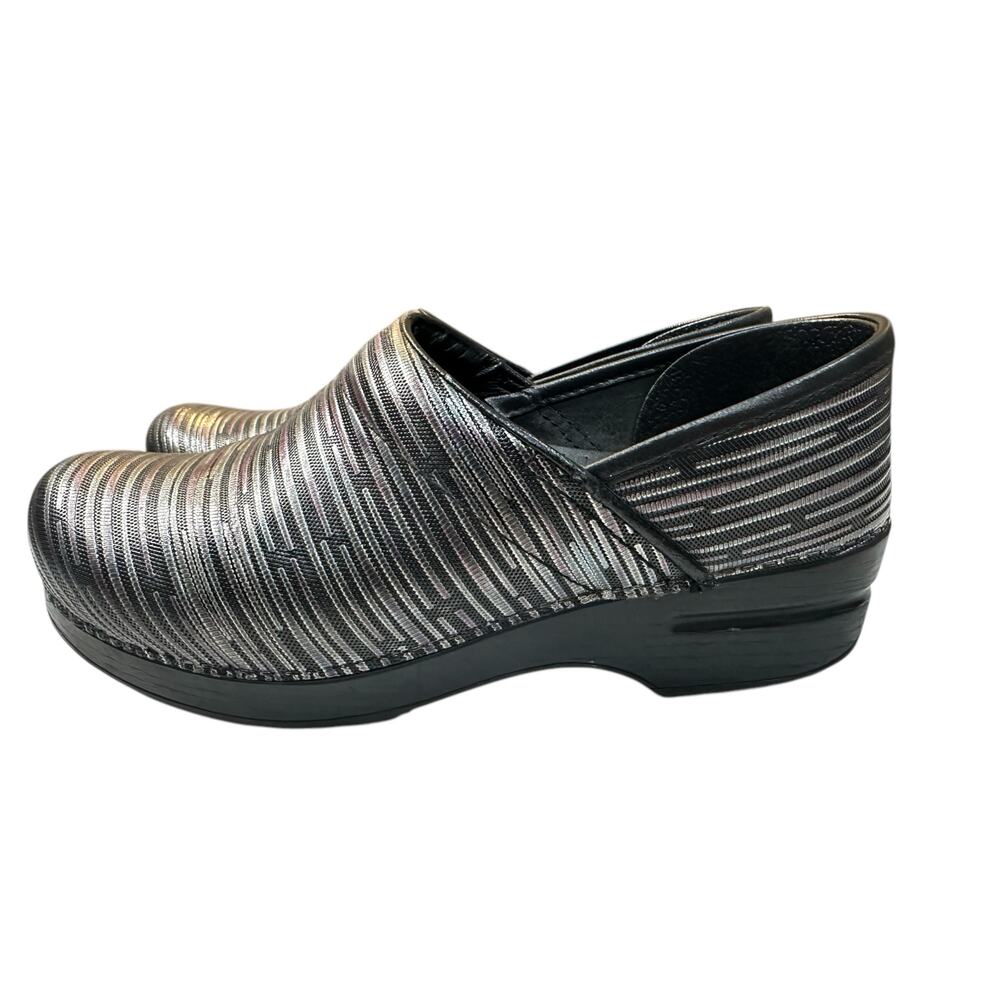 Dansko Metallic Striped Clogs in Silver and Black